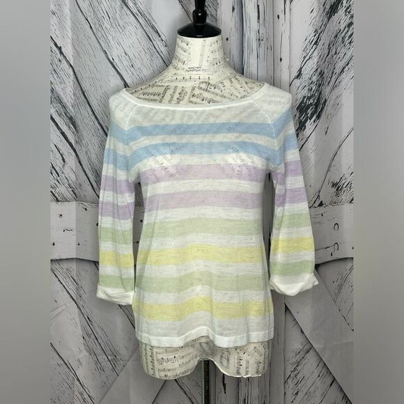 LOFT ANN TAYLOR Pastel Striped Multicolor 3/4 Sleeve Pullover Sweater XS - Picture 1 of 5